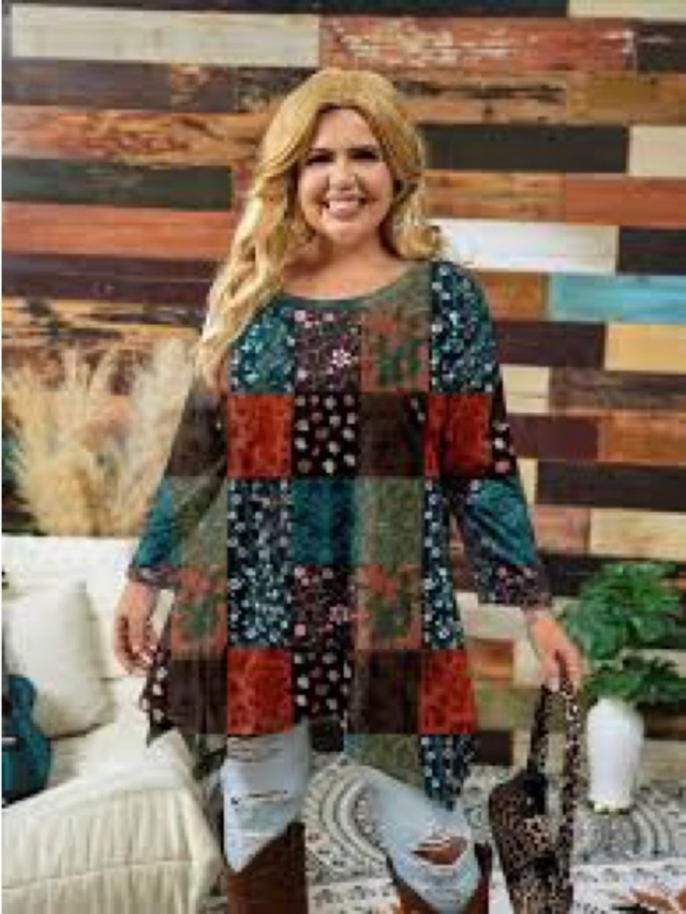 Emory Rose Patchwork Tunic Top in Teal and Rust -NWOT